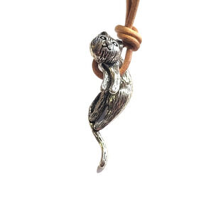 Antiqued Silver Tone  Dangling Kitty Cat Tan Adjustable Cord Pendant Necklace